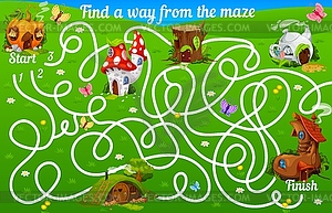 Labyrinth maze, cartoon fairy houses and dwellings - vector image