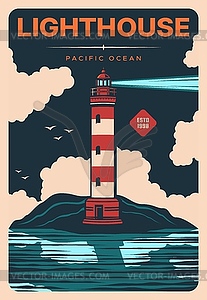 Lighthouse or beacon on seaside, seafaring poster - vector clipart