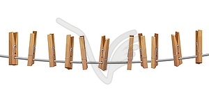 Clothespins, pegs on laundry rope, clothes clips - vector image