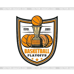 Значок баскетбольного плей-офф, спортивные мячи и трофей - векторный клипарт EPS