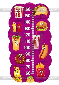 Fast food cartoon characters on kids height chart - vector clipart
