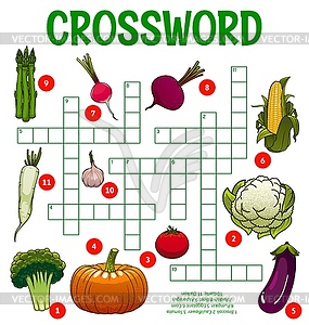 Cartoon raw vegetables crossword puzzle worksheet - color vector clipart