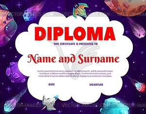 Kids diploma with cartoon space planets, shuttles - vector clipart
