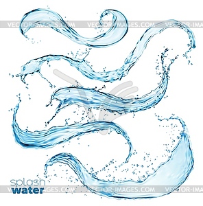 Blue water wave splashes, flow shapes and drops - vector image