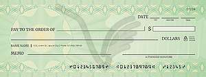 Blank bank check, checkbook cheque green guilloche - vector image
