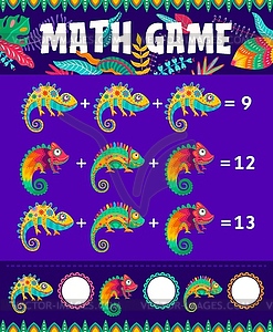 Mexican cartoon chameleons, math game worksheet - vector clip art