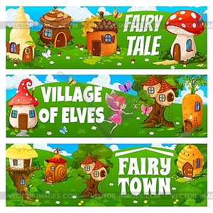 Fairy town and village banners, gnome, elf houses - vector image