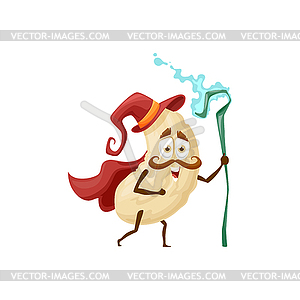 Funny cashew nut wizard character with magic wand - vector image