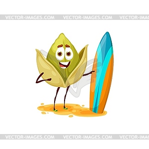Funny cashew nut character with surf board, sport - vector clipart