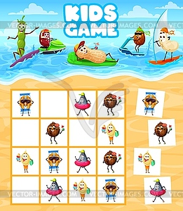 Sudoku kids game nuts characters on summer beach - color vector clipart