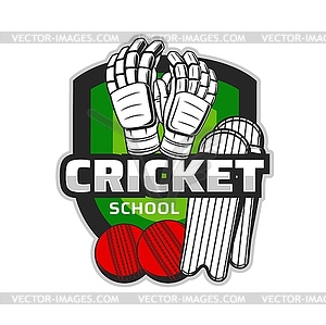 Cricket school icon or badge with game equipment - vector clip art