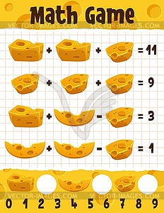 Cartoon gouda and maasdam cheese math worksheet - vector image