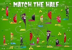 Match half maze, cartoon berry characters on yoga - vector clipart