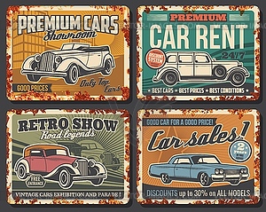 Car rent and sale, auto show rusty metal plates - vector image