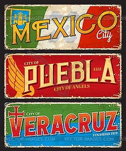 Mexico, Puebla and Veracruz city travel plates - vector image