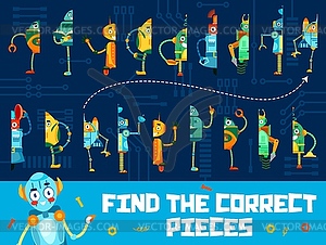 Find correct pieces of cartoon funny robots, game - vector clipart