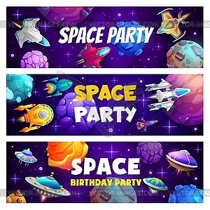 Space party, cartoon spacecrafts, galaxy rockets - royalty-free vector image