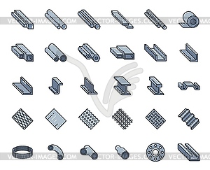 Color steel rolled metal, profile outline icons - vector image