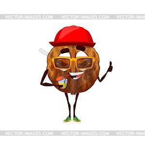 Cartoon walnut character in cap with cocktail - vector clipart