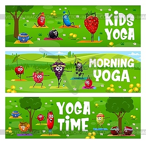 Kids morning yoga fitness cartoon berry characters - vector image