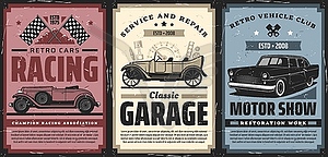 Retro cars racing and motor show posters - vector EPS clipart