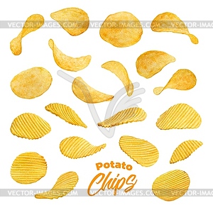 Realistic wavy and ripple flying potato chips - vector image