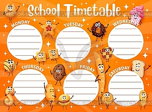 Cookies, desserts and bakery characters timetable - vector clipart