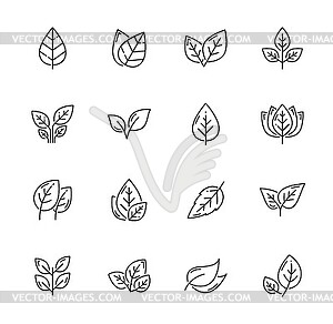 Linear leaf icons, tree plants and nature leaves - vector clipart