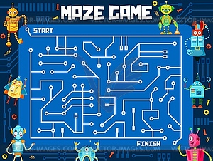 Labyrinth maze game, cartoon funny robots bots - vector clipart