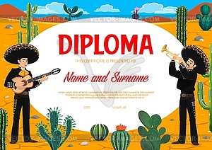 Education diploma, mexican musicians and cactuses - vector clipart