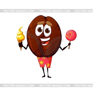 Cartoon coffee bean funny character with ice cream - vector image