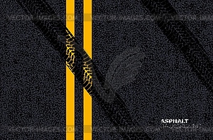 Asphalt road texture background with tyre tracks - vector image