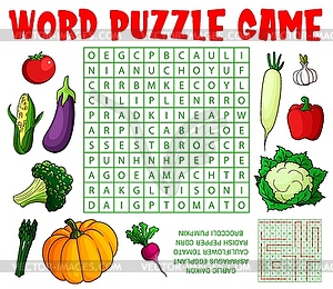 Cartoon raw vegetables, word search puzzle game - vector image