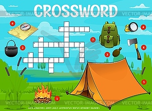 Camping and travel, crossword grid worksheet game - vector clip art