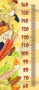 Dried fruits and snacks, kids height chart ruler - vector clip art