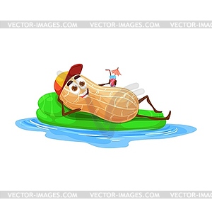 Funny peanut character on air mattress, nut - vector clip art