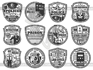 Law and order icons labels set - vector clipart