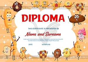 Kids diploma, cartoon bakery and cookie characters - vector clipart