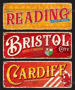 Reading, Bristol, Cardiff city travel plates - vector image