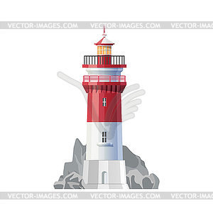 Retro sea lighthouse on coast rocky shore icon - stock vector clipart
