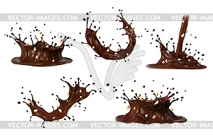 Chocolate cocoa, coffee milk swirl splashes set - vector image