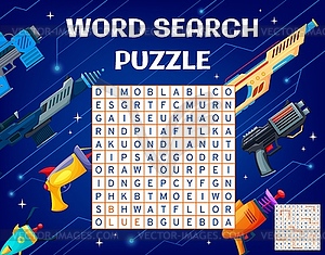 Blaster gun, handgun and raygun, word search game - vector clip art