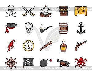 Caribbean pirate outline icons, ship, skull, chest - vector clipart