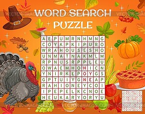 Thanksgiving holiday word search puzzle worksheet - vector image