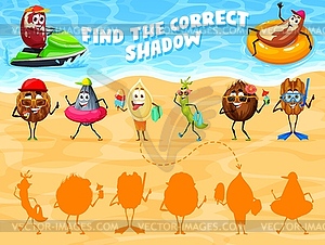 Find correct shadow, funny nuts on summer vacation - vector image