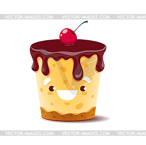 Cartoon cake character with chocolate cream drips - vector clipart