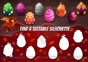 Cartoon dragon and eggs, find silhouette game - vector clip art