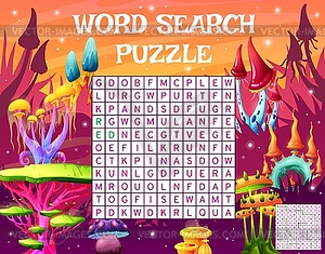 Magic fairytale alien mushrooms word search game - vector clipart