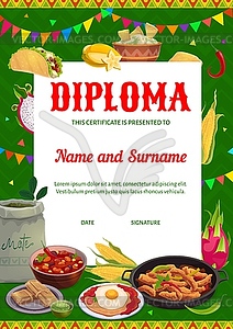 Chef diploma, Mexican cuisine cooking school award - vector clipart