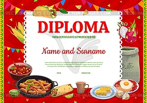 Chef diploma, Mexican cuisine meals - vector image